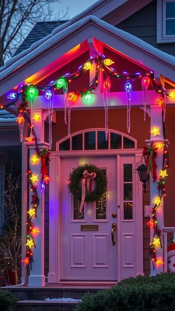 Colorful LED icicle lights hanging from a porch roof, with a wreath on the door and festive decorations.