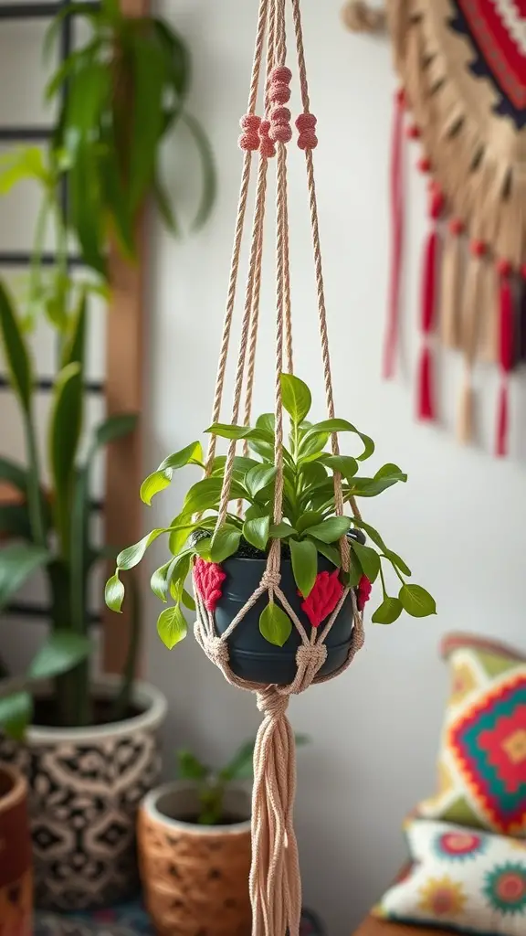 19 Stunning DIY Macrame Plant Hangers to Elevate Your Home Decor 2 A colorful macrame plant hanger with a green plant in a black pot, featuring vibrant accents and intricate knots.