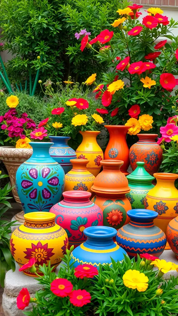 23 Vibrant Mexican Garden Ideas to Transform Your Outdoor Space 6 Colorful Mexican pottery in a garden surrounded by vibrant flowers