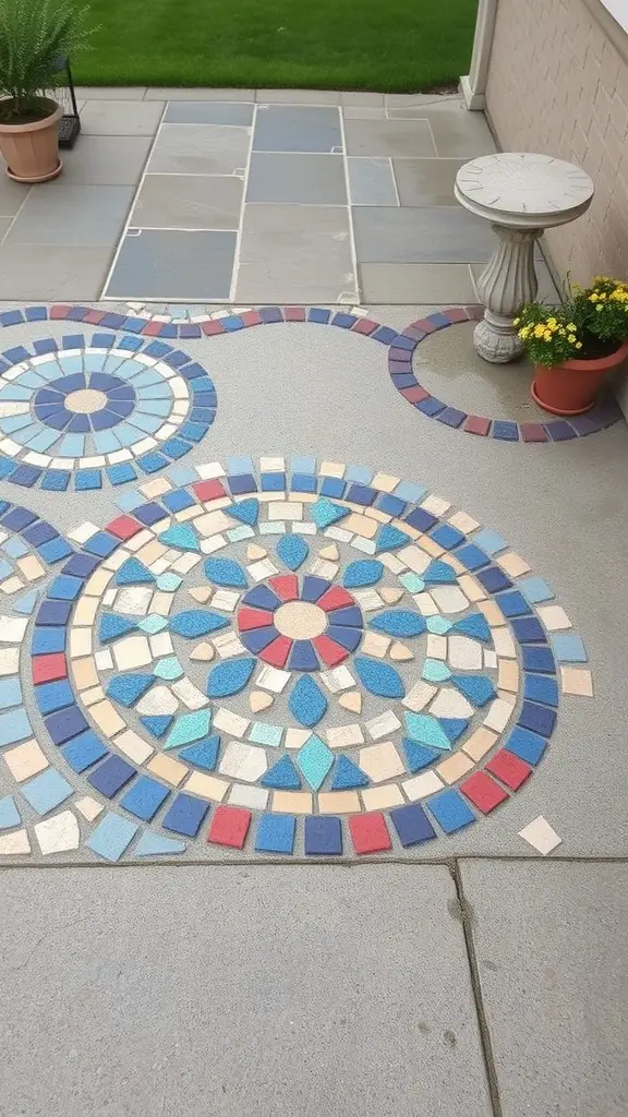45 Creative Paint Ideas for Your Concrete Patio 9 Colorful mosaic designs on a concrete patio featuring blue, red, and cream tiles.
