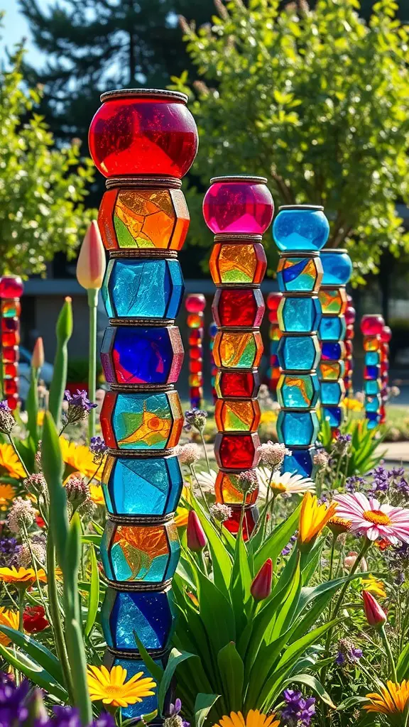 19 Stunning Garden Totems to Elevate Your Outdoor Space 4 Colorful mosaic glass totems in a garden surrounded by flowers.