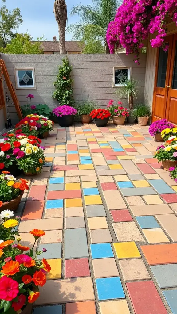 29 Stunning Outdoor Paver Patio Ideas to Transform Your Backyard 8 Colorful mosaic paver patio surrounded by vibrant flowers