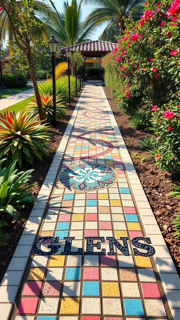 19 Stunning Paver Pathway Ideas to Transform Your Garden 4 A colorful mosaic paver pathway surrounded by greenery and flowers