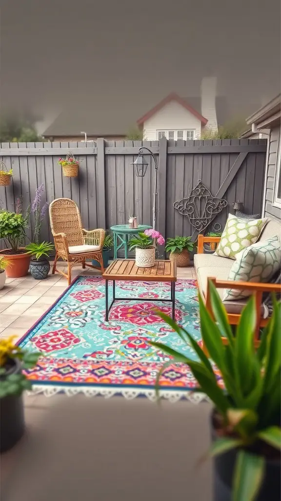 17 Inspiring Backyard Decorating Ideas to Transform Your Outdoor Space 12 A colorful outdoor rug in a cozy backyard setting with plants and seating.
