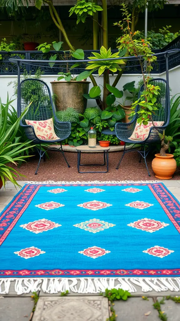 23 Creative DIY Yard Decor Ideas You Can't Miss 14 A colorful blue outdoor rug with floral patterns placed in a lush garden setting with two black chairs.