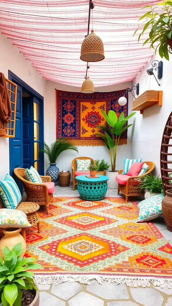 15 Inspiring Outdoor Patio Ideas for Your Dream Space 12 A vibrant outdoor patio featuring a colorful rug, wicker furniture, and decorative cushions.