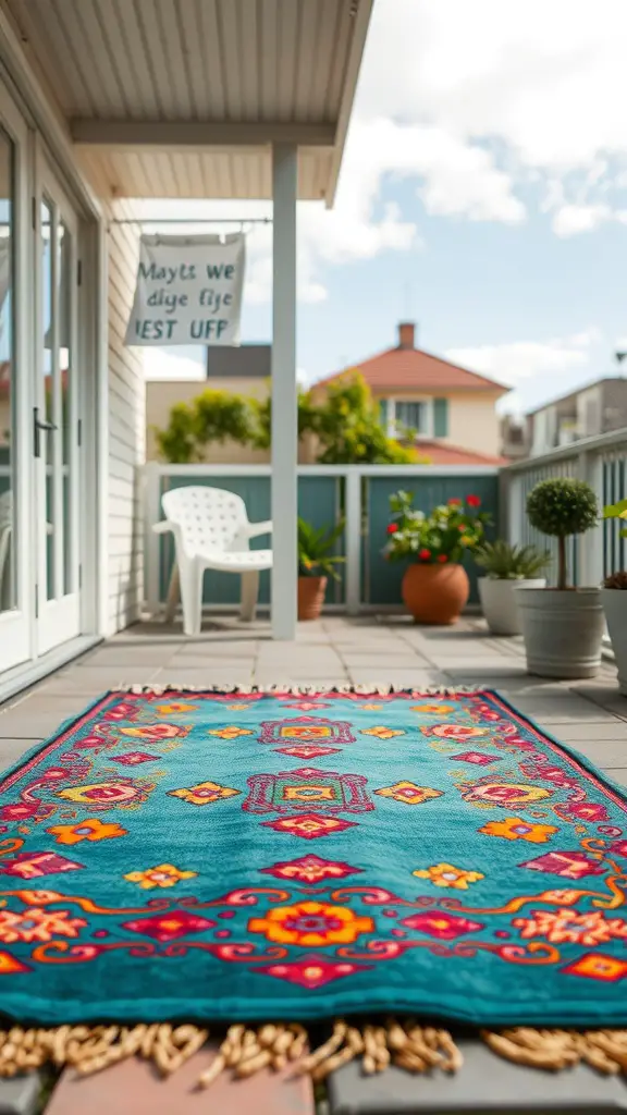 A colorful outdoor rug on a patio with plants and a chair