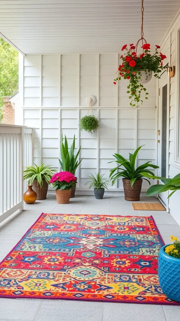 15 Creative Tiny Patio Ideas for Your Outdoor Space 15 A colorful outdoor rug on a small patio surrounded by plants and flowers.
