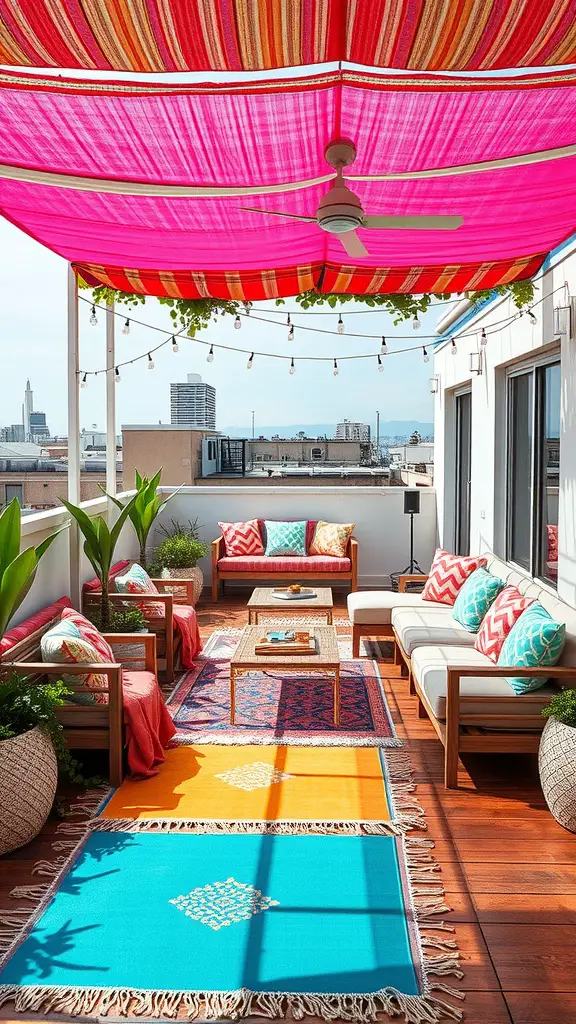 27 Stunning Rooftop Patio Designs for Your Outdoor Oasis 5 A vibrant rooftop patio featuring colorful outdoor rugs and pillows, with a striped canopy overhead.