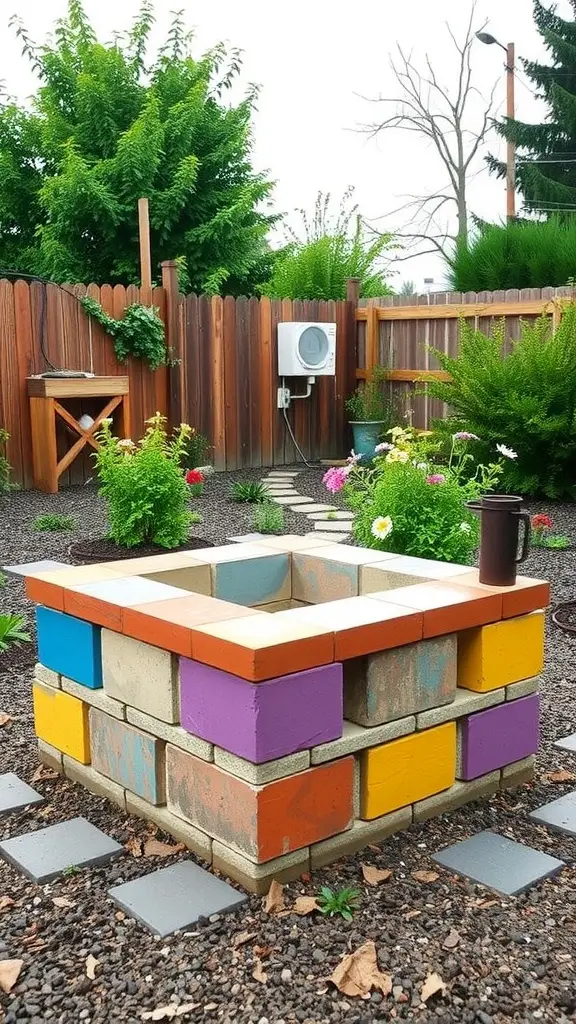 13 Creative Cinder Block Fire Pit Ideas for Your Backyard 7 Colorful painted cinder block fire pit surrounded by greenery
