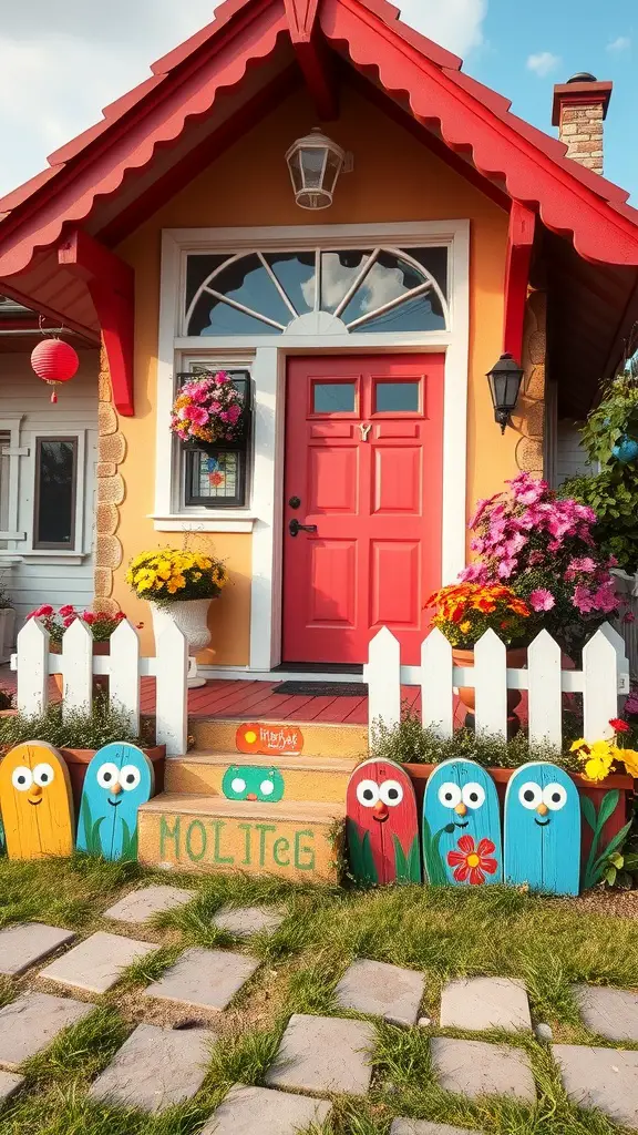 19 Creative House Skirting Ideas to Transform Your Home 12 A colorful entrance with a red door and painted skirting boards featuring playful designs.