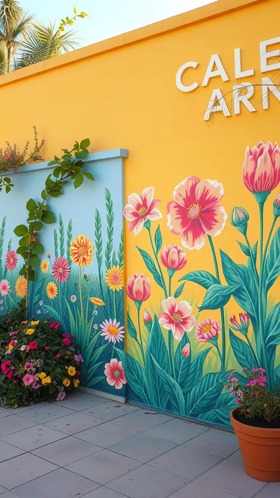 19 Creative Garden Wall Ideas to Transform Your Outdoor Space 16 A colorful mural of flowers on a yellow wall in a garden setting.