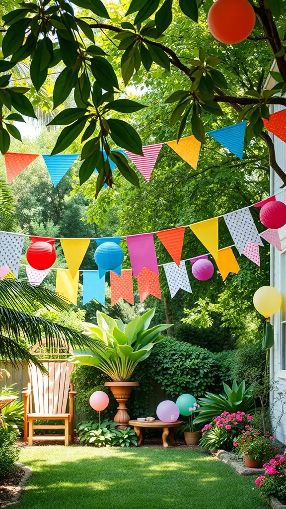 15 Must-Have Essentials for the Perfect Backyard Garden Party 14 Colorful party banners and balloons in a backyard garden setting
