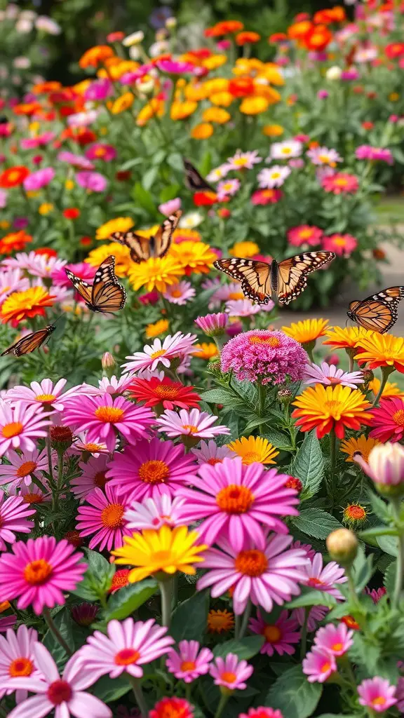 23 Stunning Dream Garden Ideas to Transform Your Outdoor Space 4 A vibrant flower bed filled with pink, orange, and yellow flowers, with butterflies fluttering around.