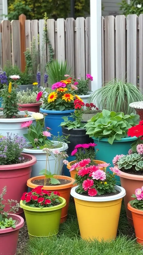 19 Creative Backyard Ideas for Renters 15 Colorful planters filled with flowers in a backyard setting