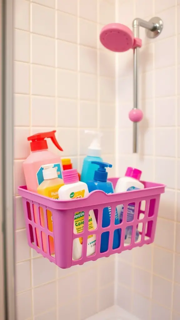 19+Stylish and Functional Shower Caddy Ideas to Organize Your Space 16 A bright pink plastic shower caddy filled with various bottles of shampoo, conditioner, and body wash, hanging in a tiled shower.