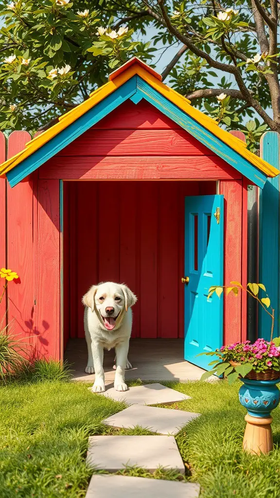 17+ Creative Outside Dog House Ideas for Your Furry Friend 8 A colorful dog house with red walls and a blue door, featuring a happy dog standing outside on a stone path surrounded by flowers.