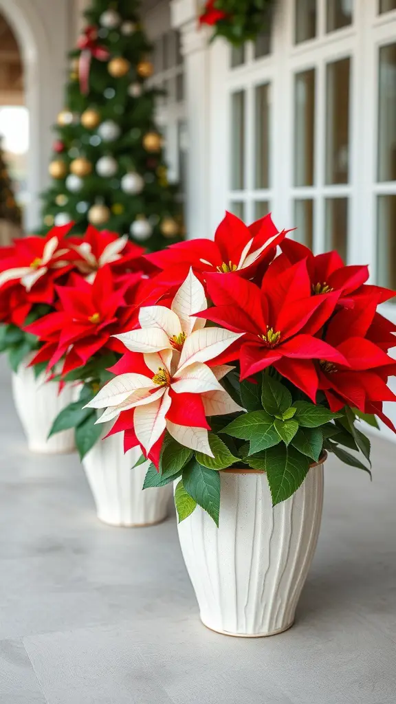 Colorful poinsettia centerpieces in white pots, with a Christmas tree in the background.