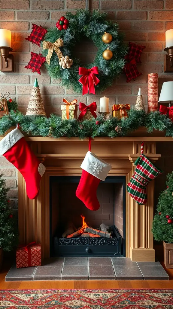21+ Creative Christmas Decoration Ideas for a Festive Home 11 A cozy fireplace with colorful Christmas stockings hanging on the mantel, surrounded by festive decorations.