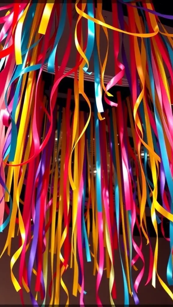 27+ Creative Birthday Decoration Ideas for an Unforgettable Celebration 9 Colorful streamers and ribbons hanging down in various colors.