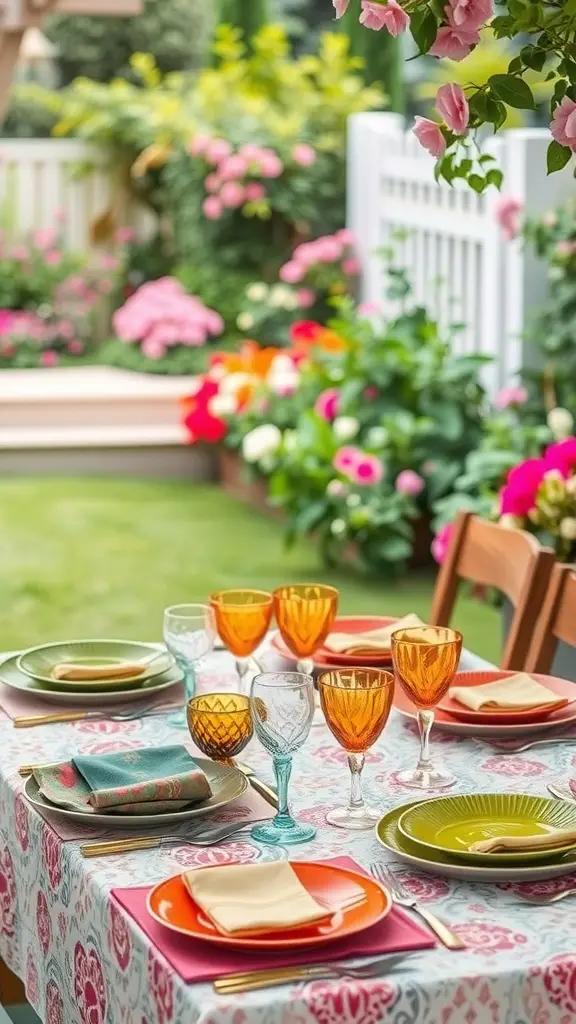 19 Whimsical Garden Party Ideas for Unforgettable Celebrations 2 A colorful garden table setting with vibrant plates and glasses surrounded by blooming flowers.