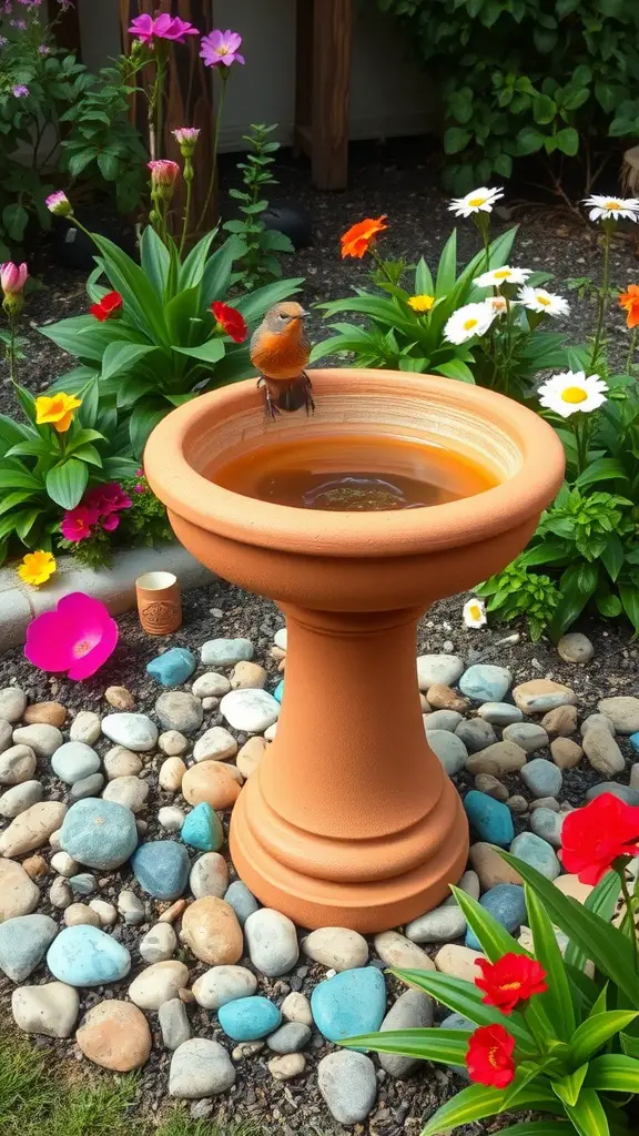 A terracotta pot bird bath surrounded by colorful flowers and pebbles in a garden.