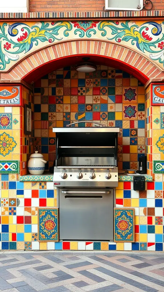 A colorful tiled grill station featuring a modern grill surrounded by vibrant tiles and decorative patterns.