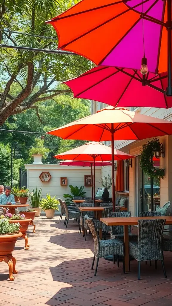 17 Inspiring Mexican Patio Ideas for Your Outdoor Space 2 A patio with colorful pink and orange umbrellas providing shade over tables and chairs.