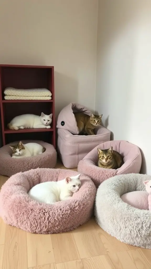 15 Creative Cat Room Ideas You’ll Love 16 A cozy room with multiple cat beds, featuring cats relaxing in their comfortable spots.