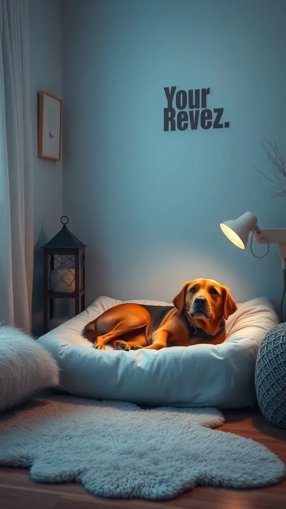 19+ Unique Dog Corner Ideas to Elevate Your Pet's Space 15 A cozy dog recovery space featuring a dog resting in a soft bed with warm lighting.
