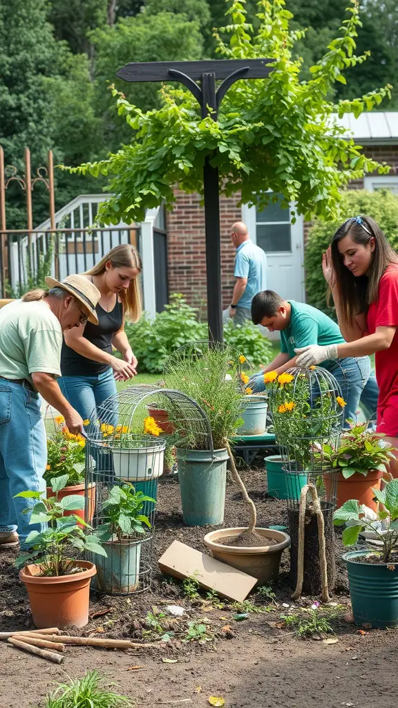 15 Creative Junk Garden Ideas to Transform Your Backyard 16 A group of people working together in a community garden, planting flowers and vegetables in pots.