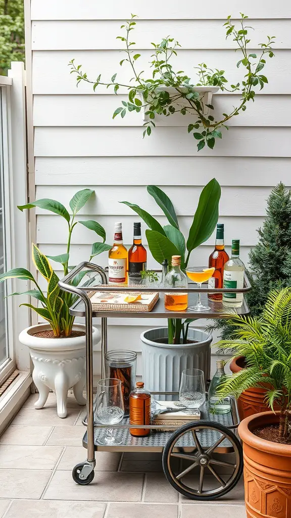 29 Creative Small Patio Decorating Ideas You’ll Love 9 A stylish compact bar cart with drinks and plants on a small patio.