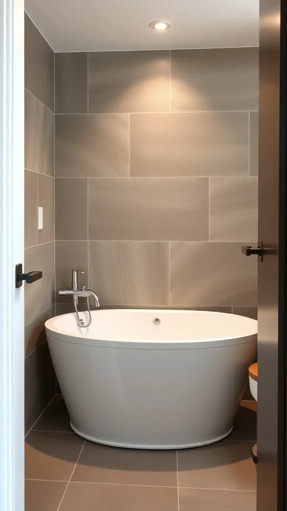 19 Stunning Small Full Bathroom Ideas for Maximum Style 11 A modern compact bathtub in a small bathroom with gray tiles.