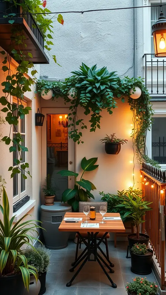 17 Creative Small Apartment Patio Ideas You’ll Love 6 A cozy small patio with a wooden bistro set surrounded by plants and string lights.