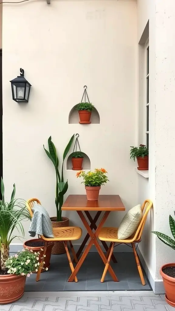 A small dining nook with a wooden table and two chairs surrounded by potted plants.