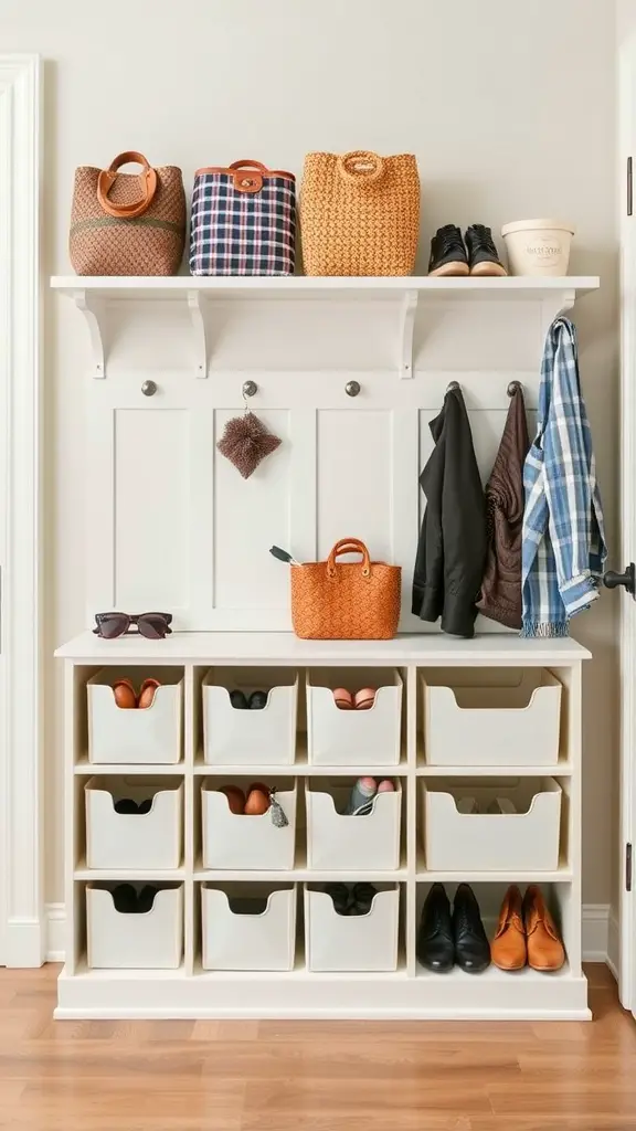 Compact entryway storage with cubbies, bags, and hooks for organization.