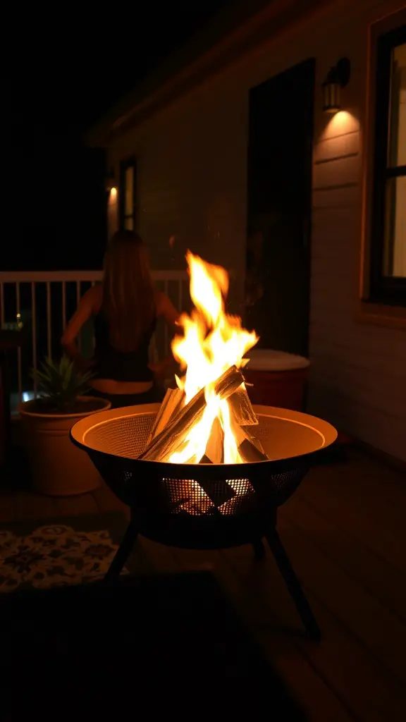 23 Creative Small Balcony Decor Ideas You Need to Try 12 A compact fire pit with flames burning brightly on a small balcony at night.