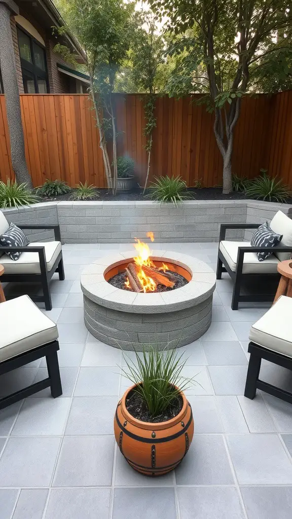 15 Creative Tiny Patio Ideas for Your Outdoor Space 2 A compact fire pit surrounded by chairs on a small patio, with plants and a wooden fence in the background.