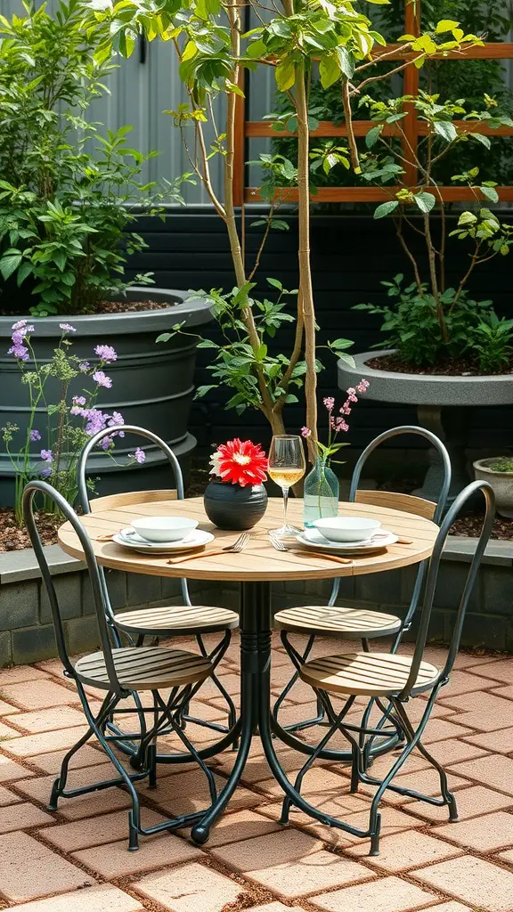 19 Creative Backyard Ideas for Renters 7 A compact outdoor dining set with a round wooden table and four metal chairs, surrounded by plants and flowers.