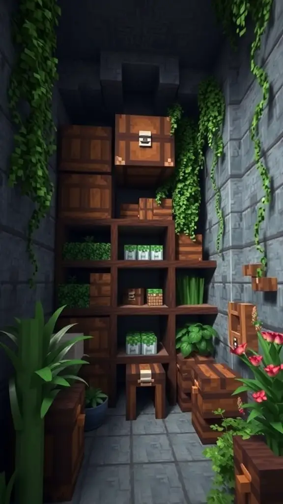 19 Creative Minecraft Storage Room Ideas You Need to Try 2 A compact vertical storage room in Minecraft featuring stacked wooden chests and greenery.