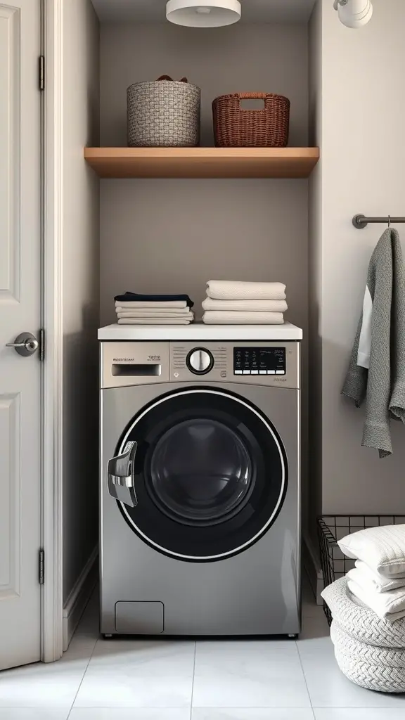 Compact washer-dryer combo in a small laundry room with shelves and neatly arranged towels.