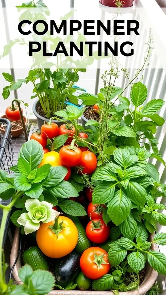 19 Must-Have Vegetables for Your Balcony Garden 9 A lush balcony vegetable garden featuring tomatoes, zucchini, and herbs, showcasing companion planting.