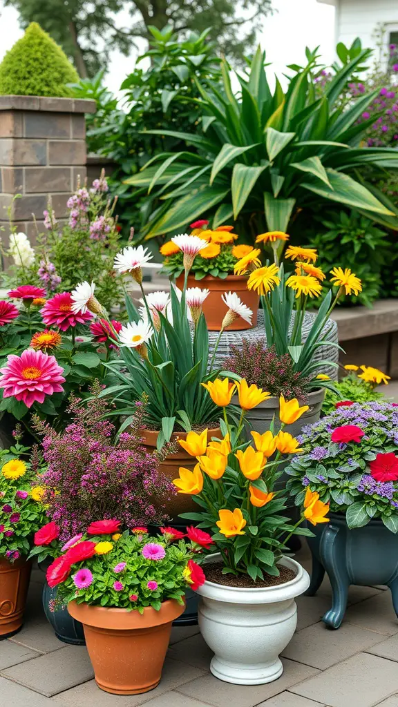 15 Inspiring Perennial Garden Design Ideas to Transform Your Space 11 A colorful display of potted perennials including yellow tulips, daisies, and various other flowers arranged in different containers.