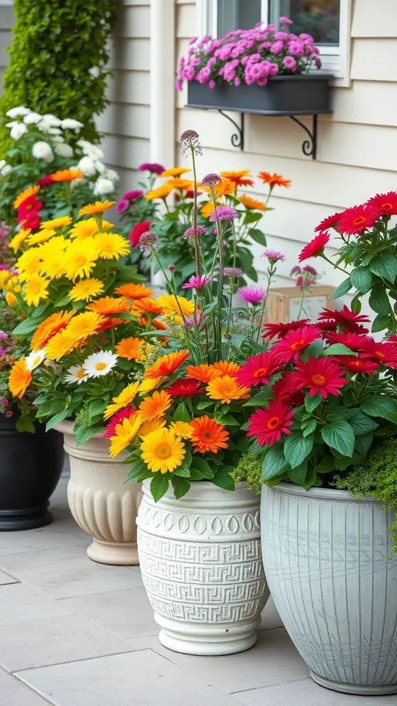 Colorful containers filled with vibrant perennial flowers on a patio.