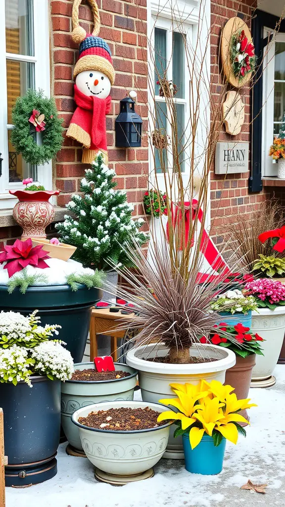 Colorful winter container garden with snowman decoration and festive plants.
