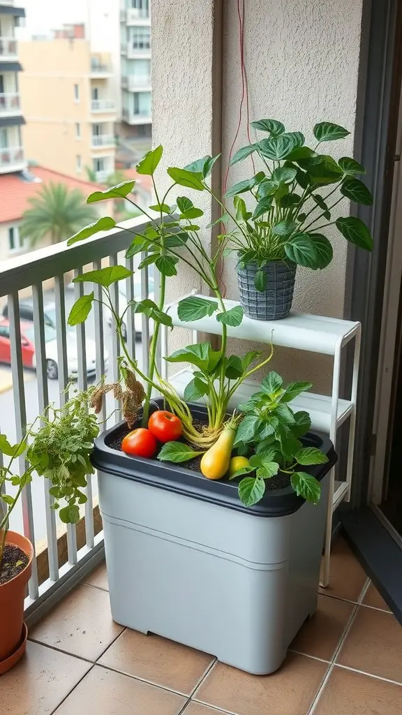 17 Innovative Hydroponic Gardening Ideas You Need to Try 11 A balcony with a gray hydroponic container filled with tomatoes, squash, and leafy greens, alongside a potted plant.