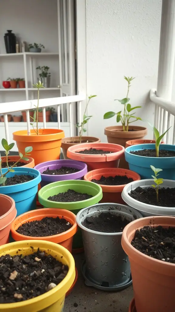 19 Must-Have Vegetables for Your Balcony Garden 6 Colorful pots arranged on a balcony, ready for planting vegetables.