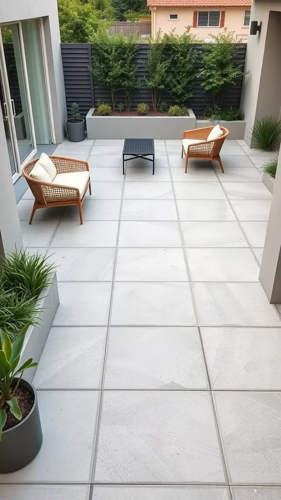 29 Stunning Outdoor Paver Patio Ideas to Transform Your Backyard 6 A modern outdoor patio with large concrete tiles, two chairs, and potted plants.