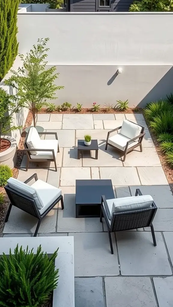 23 Stunning Flagstone Patio Ideas for Your Outdoor Space 10 A contemporary flagstone patio with modern furniture and greenery.