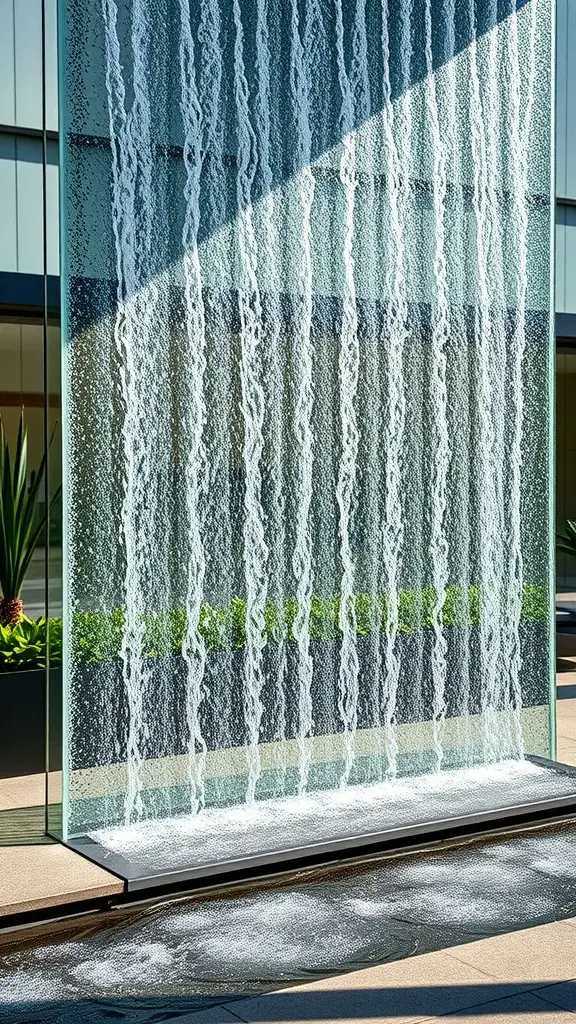 A contemporary glass water wall with cascading water and surrounding greenery.